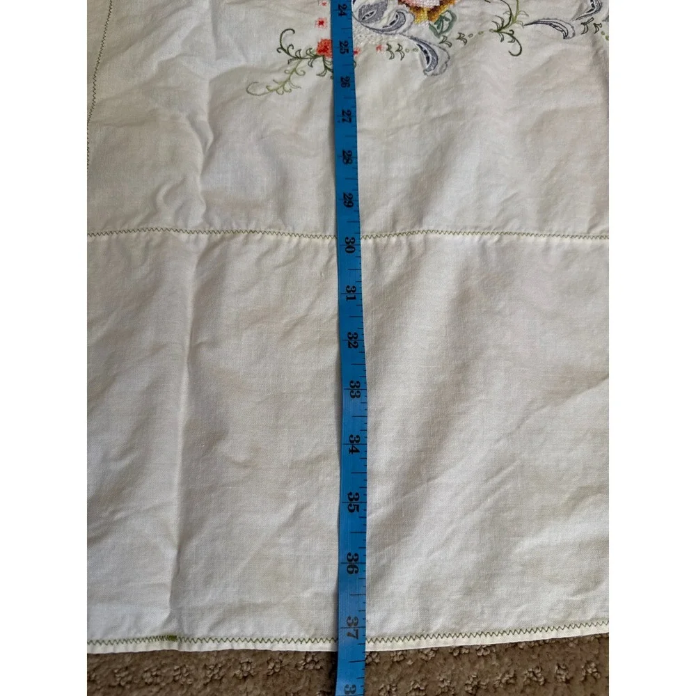 Vintage Hand Embroidered Linen Square Tablecloth Red Yellow Roses White 37x37